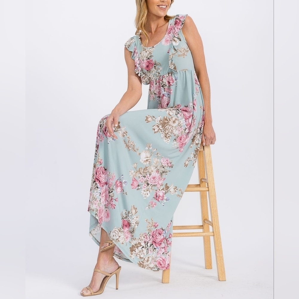 Floral Scoop Neck Maxi Dress in Blue and Pink Medium - Picture 3 of 12